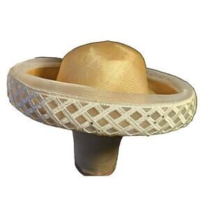 Oscar De La Renta Boutiqe Straw Hat Lace Rhinestones Designer Handmade Woven